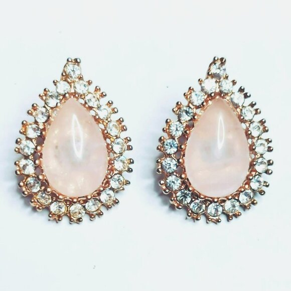 Vintage Rose Quartz Pink Cabochon Teardrop Earrings With Rhinestones - Picture 2 of 5
